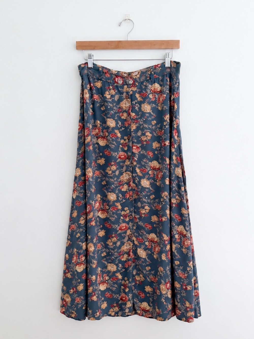 Vintage Blue Floral Button Front Midi Skirt 90s Romantic Femme Size Medium